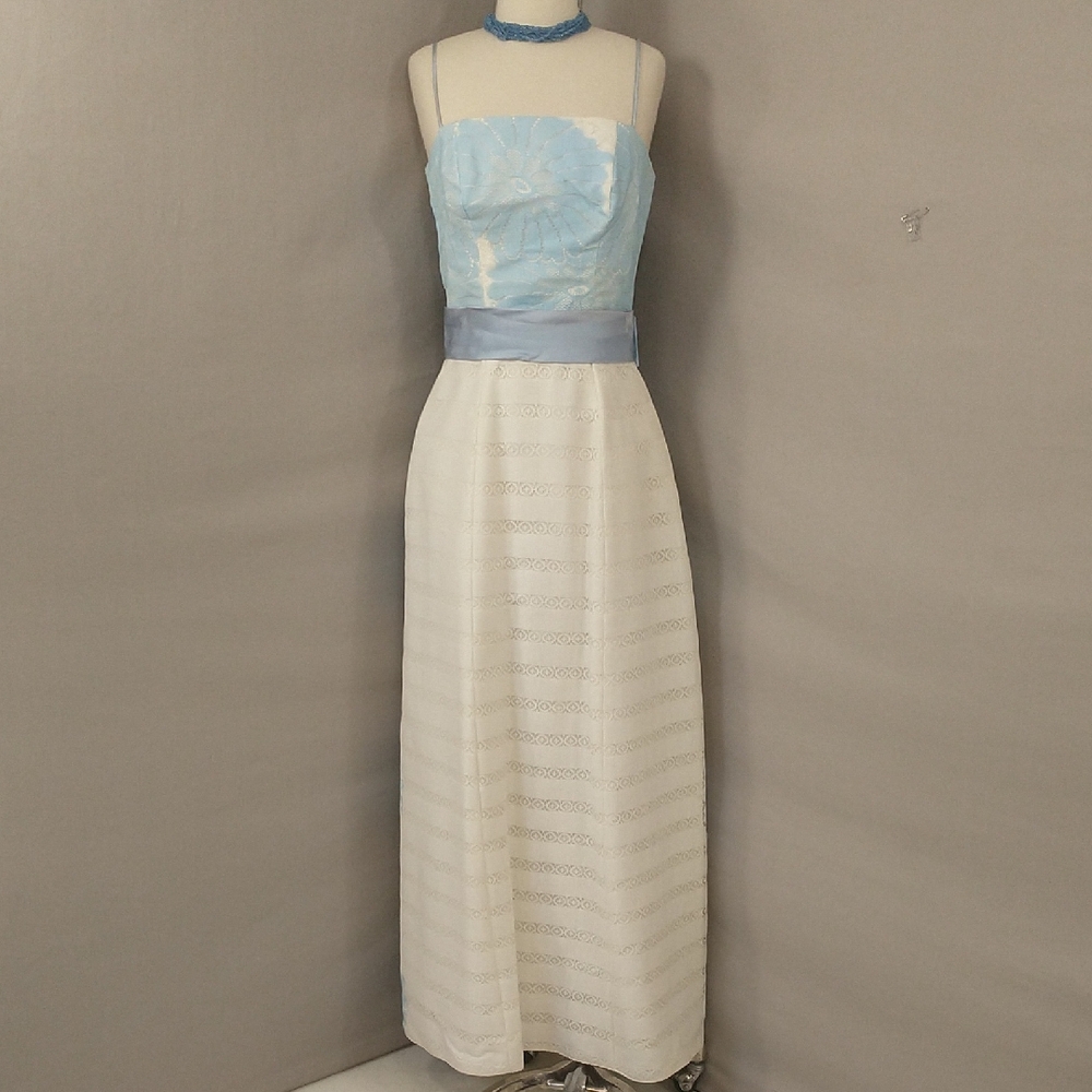 60s Vintage Pastel Blue & White Gown Maxi Dress Party Prom Feminine w Flower - Picture 2 of 13